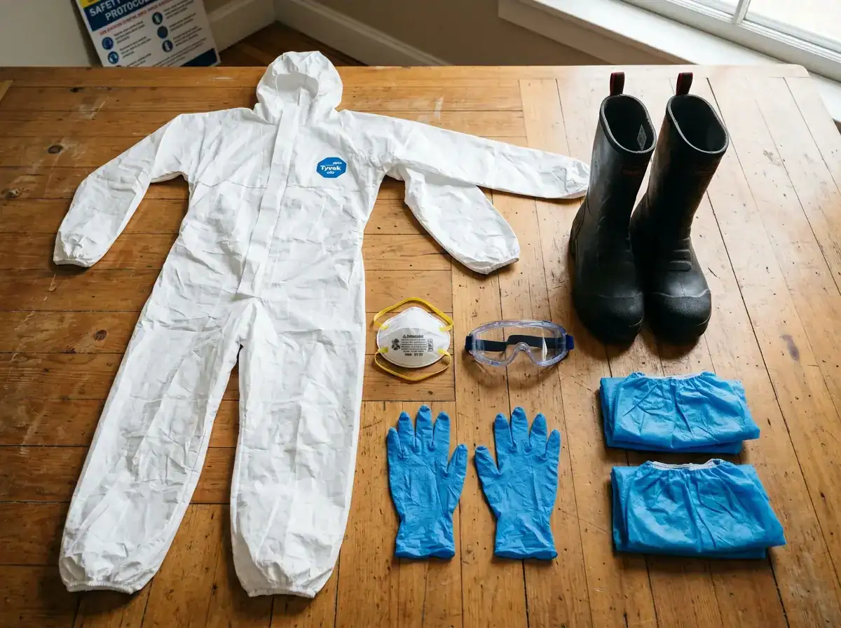 Biohazard cleanup protective equipment — coveralls, gloves, respirator, and shoe covers — laid out before a job in Houston TX