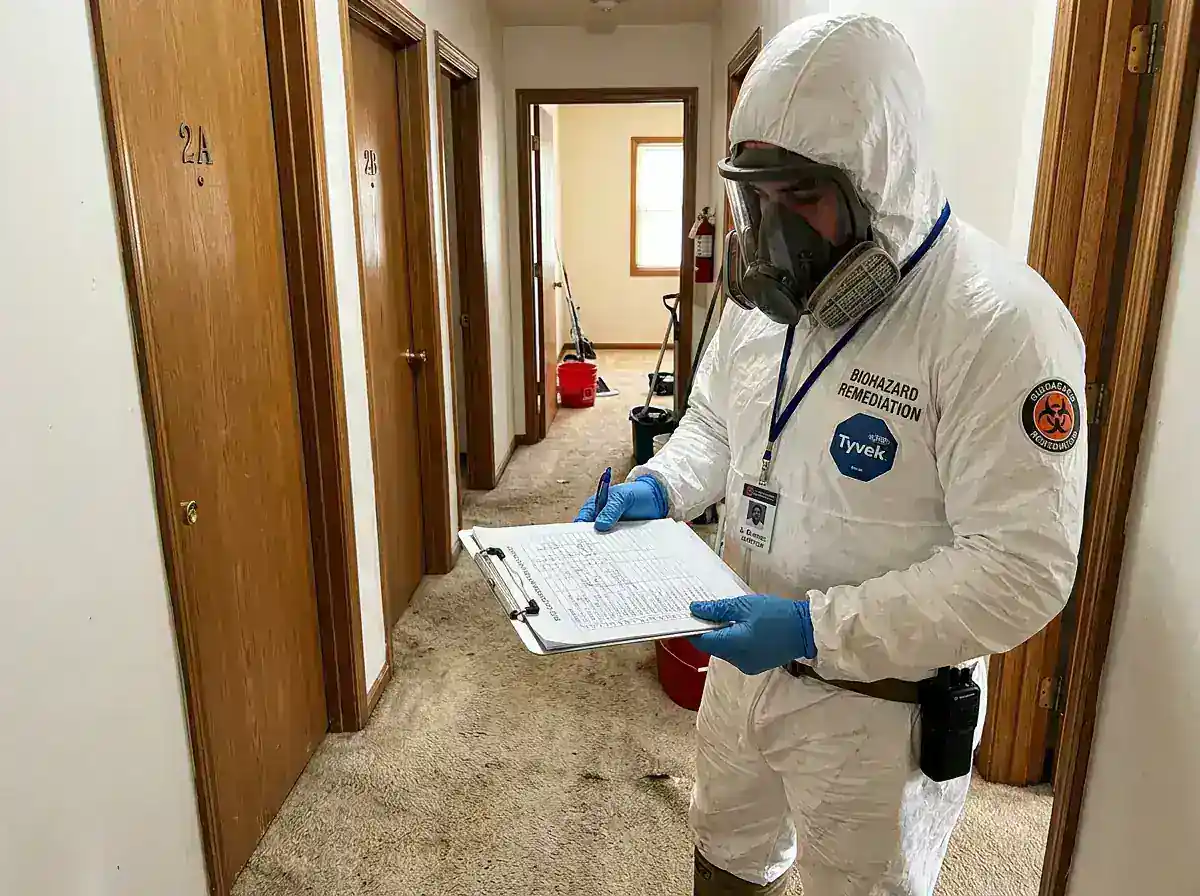 Biohazard remediation technician in protective equipment reviewing an assessment checklist in a residential hallway in Houston TX