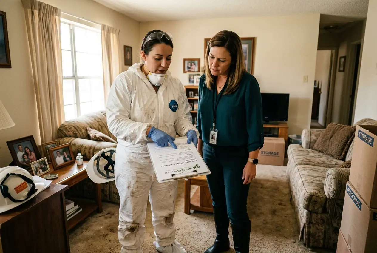 Biohazard remediation technician reviewing a written cleanup scope with a property manager in Houston TX