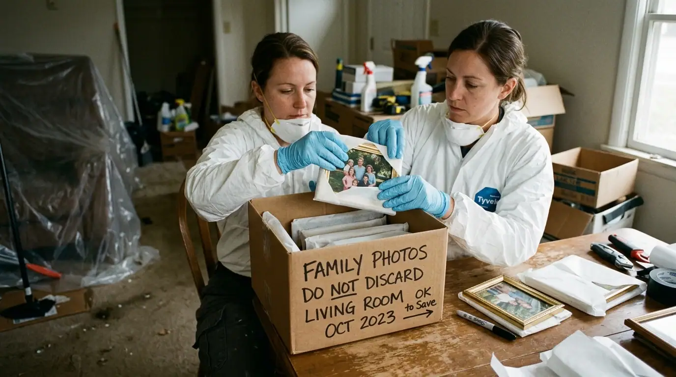 Gloved biohazard cleanup technician carefully packing framed family photographs into a labeled archive box in Houston TX