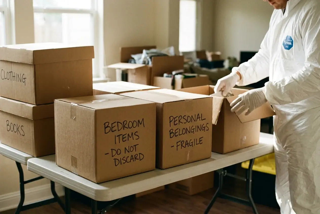 Household items sorted into labeled groups on a protected table during biohazard decontamination in Houston TX